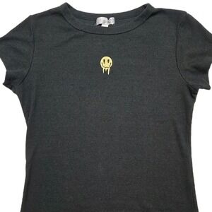 90s Y2K Melted Happy Face Baby Tee Belle Tweed Ribbed Tight Short Sleeve Large